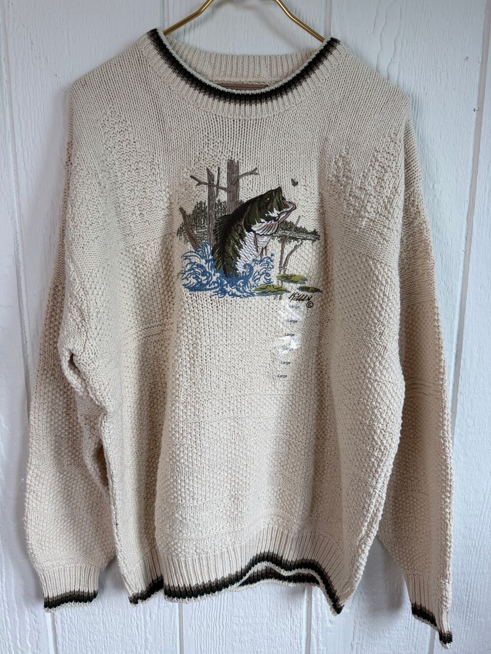 NWT Vintage Shenandoah Sweater Large Largemouth Bass Knit Crewneck Cotton USA